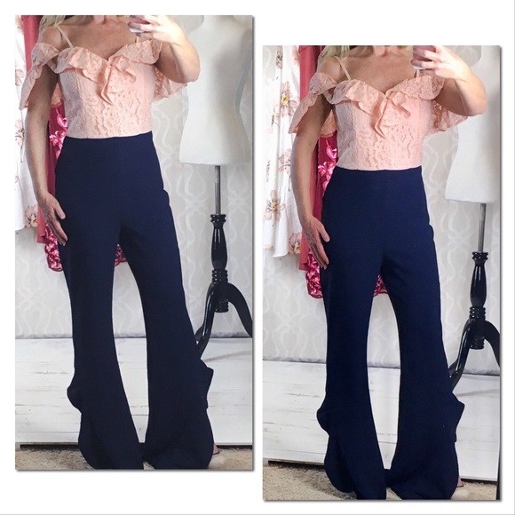 *CLEARANCE* Peach Lace Navy Ruffle Flares Jumpsuit - Picture 7 of 8